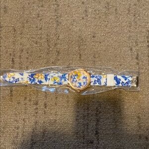 Floral Blue and White Watch with Gold Accents